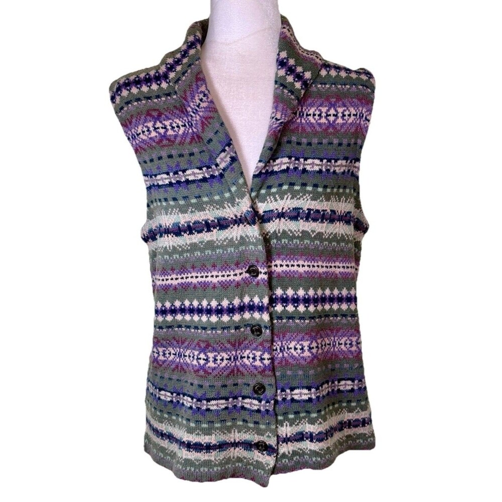 Women Fair Isle Knit Sweater Vest Nordic Rustic Cozy Cabin Button Front Size Med